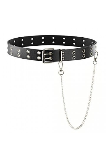 CHIC DIARY Punk Ceinture avec chaîne en jean Ceinture en cuir PU pour femme Double trou ceinture ceinture ceinture hanche cei