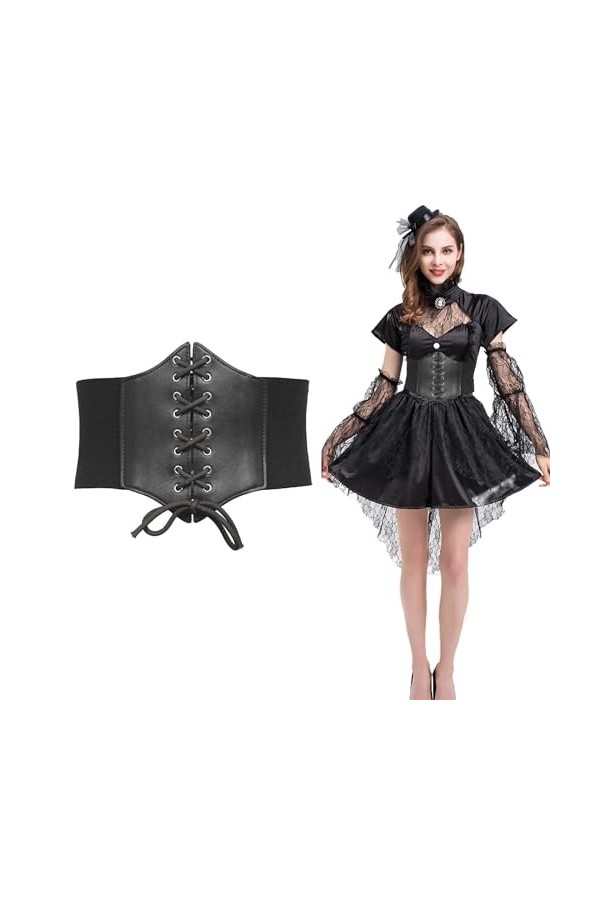 Ceinture corset élastique à lacets pour femme, ceinture large pour costume dHalloween, Bkack, taille unique