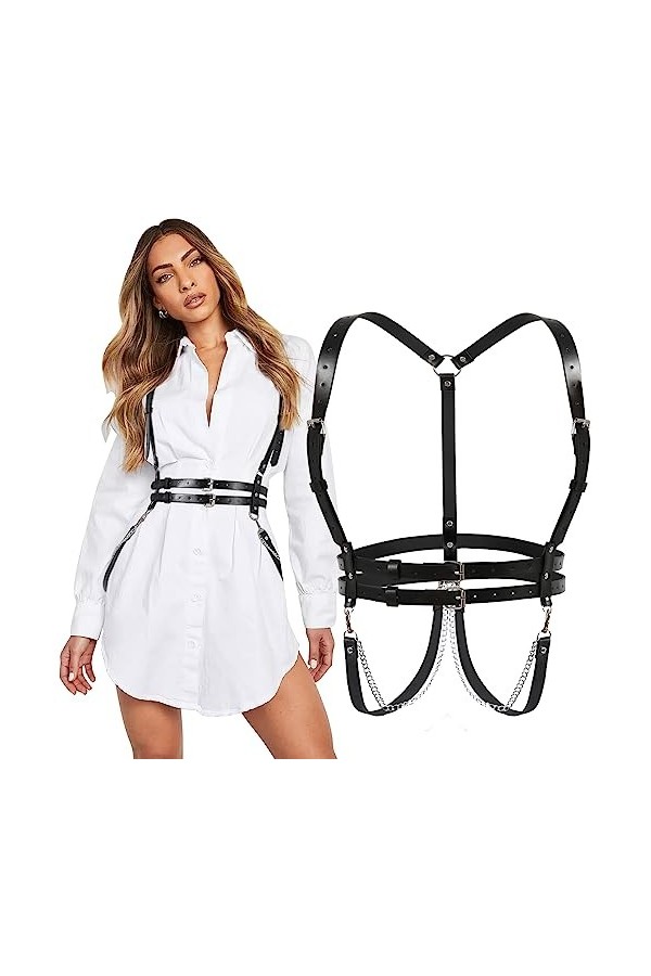 WERFORU Ceinture tendance punk en cuir synthétique pour femme - Style gothique - Réglable - Pour carnaval, Halloween, c-noir,