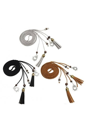 TY belt Ceinture Tricotée Fine en Cuir PU avec Franges et Perles Accessoire Rétro pour Femmes noir+tan+gris 