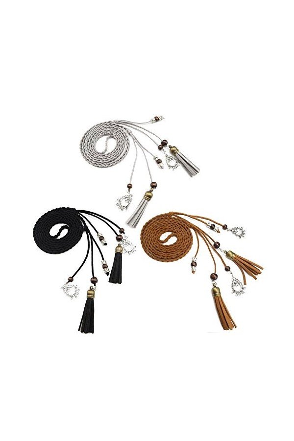 TY belt Ceinture Tricotée Fine en Cuir PU avec Franges et Perles Accessoire Rétro pour Femmes noir+tan+gris 