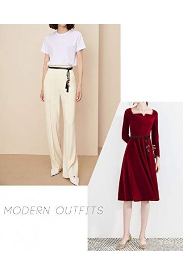 TY belt Ceinture Tricotée Fine en Cuir PU avec Franges et Perles Accessoire Rétro pour Femmes noir+tan+gris 