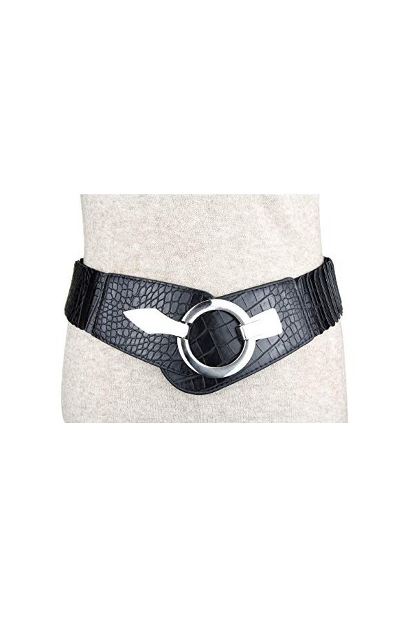 Vanessa & Melissa Ceinture de taille de 6 cm de large ceinture de hanche avec boucle d’anneau argenté, ceinture étirée Noir 