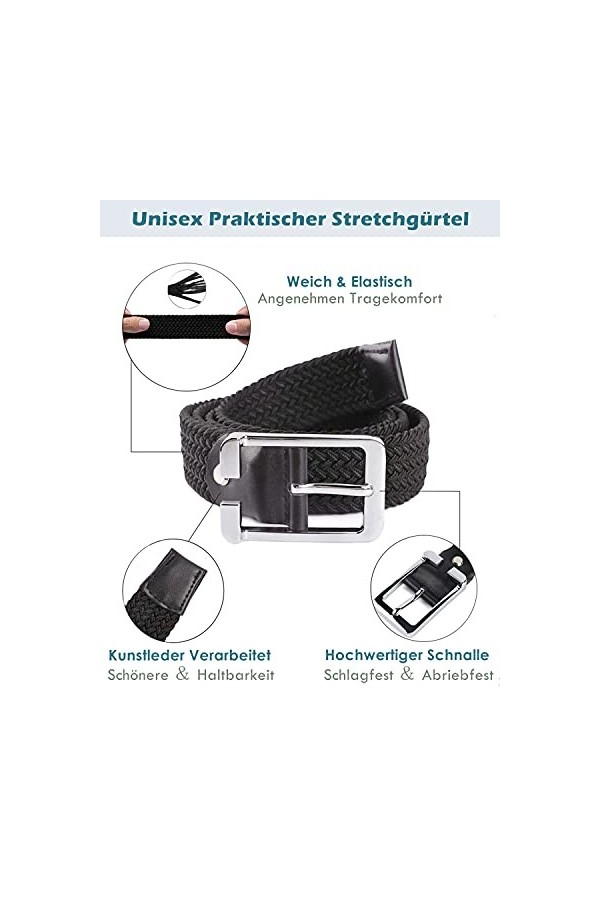 LAKIDAY Ceinture pour Homme et Femme, Unisexe Élastique Ceintures en Tissu Tressée Sans Trous Largeur 3.3cm Noir 105CM