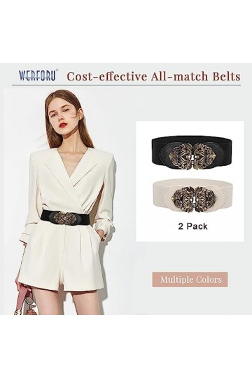 WERFORU Large ceinture élastique pour femme, vintage, extensible, large - Rétro - Mode Cinch pour robes, C-noir+beige, Passt 