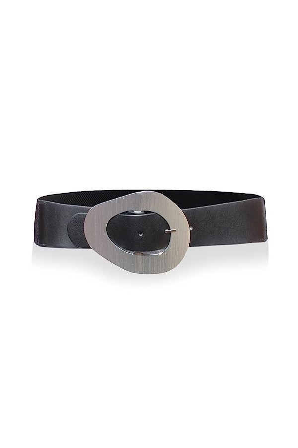 glomy * Ceinture femme 5 cm large et élastique avec boucle en métal coloré, Noir et argenté., Taille unique