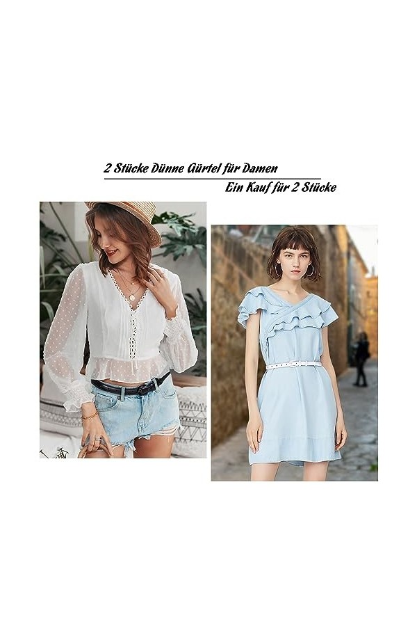 JasGood Lot de 2 ceintures fines en cuir pour femme avec boucle ardillon, Noir/blanc, 110cm Passt zur Taillengröße 80cm-94cm 