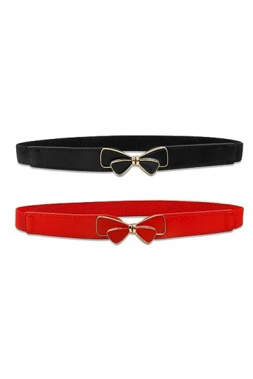 UESDU Lot de 2 ceintures élastiques fines en cuir noir pour robe réglable pour femme avec nœud papillon, noir/rouge, taille u