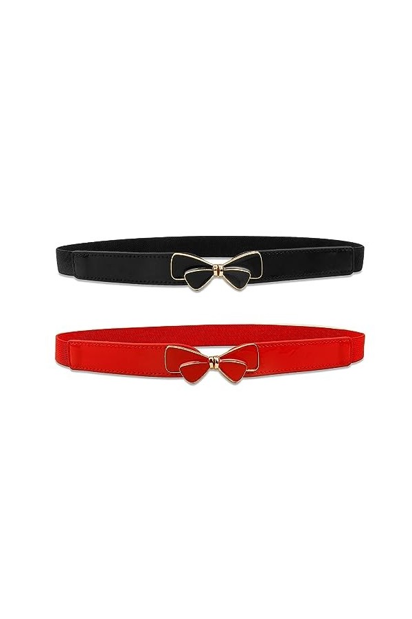 UESDU Lot de 2 ceintures élastiques fines en cuir noir pour robe réglable pour femme avec nœud papillon, noir/rouge, taille u