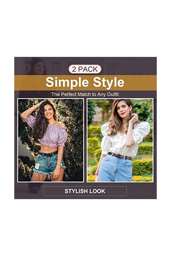 LEACOOLKEY Lot de 2 ceintures en cuir pour femme avec boucle dorée pour jeans, C-noir+café, L Fit Taille Größe 96cm-106cm