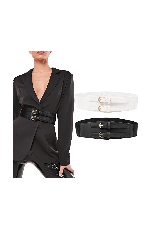 Ceinture élastique pour femmes - Ceinture de taille large de 6 cm à double boucle Ceinture réglable pour dames à la mode pour