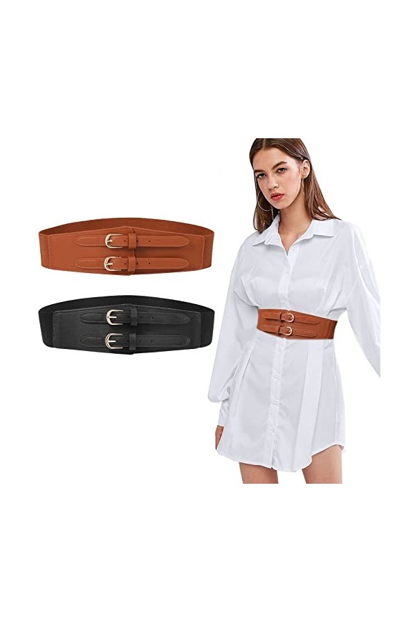 Ceinture élastique pour femmes - Ceinture de taille large de 6 cm à double boucle Ceinture réglable pour dames à la mode pour
