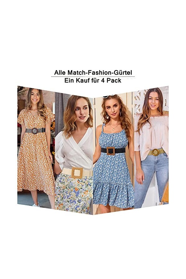 JasGood Lot de 4 ceintures élastiques tressées en paille pour robe de femme, mode bohème, ceinture fine tressée, 1-noir/sable