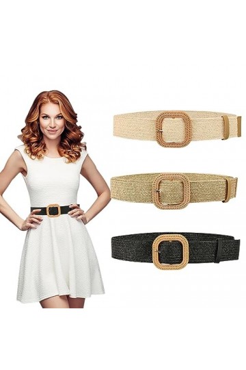 Bekecidi Lot de 3 Ceintures Larges Tissées en Paille pour Femmes, Ceinture Élastique Extensible Ceinture Maigre pour Dames Ce