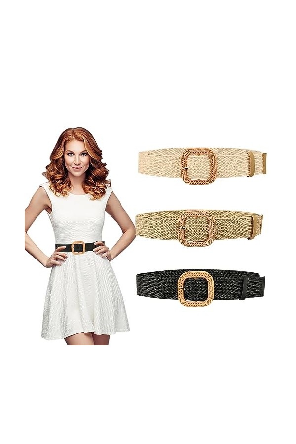 Bekecidi Lot de 3 Ceintures Larges Tissées en Paille pour Femmes, Ceinture Élastique Extensible Ceinture Maigre pour Dames Ce