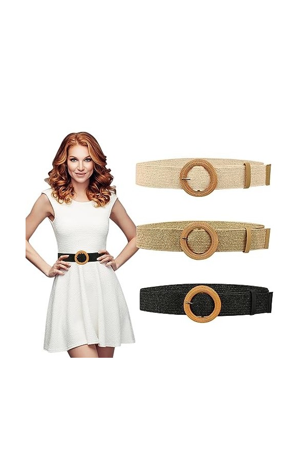 Bekecidi Lot de 3 Ceintures Larges Tissées en Paille pour Femmes, Ceinture Élastique Extensible Ceinture Maigre pour Dames Ce