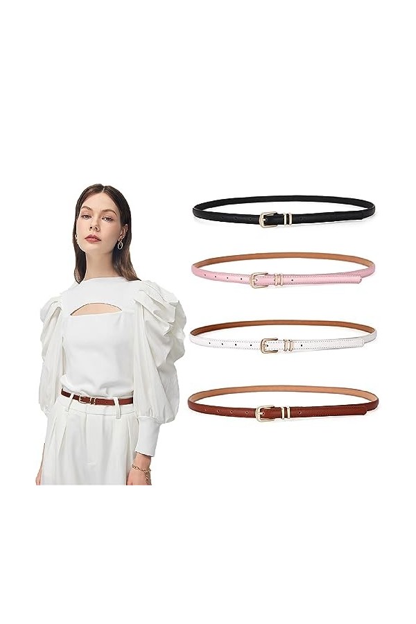 WOOXDYUK Lot de 4 ceintures fines en cuir pour femme, avec boucles dorées, pour améliorer votre style, style mince, raffermis