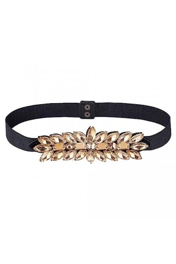 FINGERINSPIRE Femmes Strass Ceinture Élastique 71.5x4.7 cm Topaze Fumée Légère Strass Ceinture Noir PU Chaîne Ceinture Double