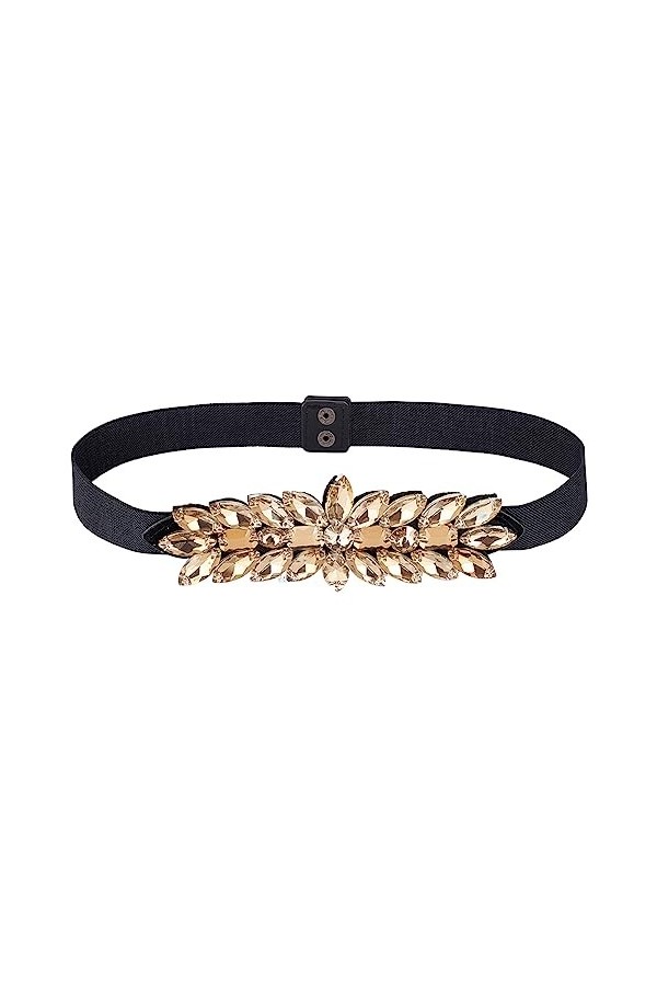 FINGERINSPIRE Femmes Strass Ceinture Élastique 71.5x4.7 cm Topaze Fumée Légère Strass Ceinture Noir PU Chaîne Ceinture Double