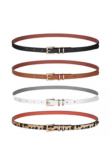 WERFORU Lot de 4 ceintures fines en cuir pour femme avec boucle dorée pour jeans, pantalons, robe, A-noir+blanc+marron+café, 