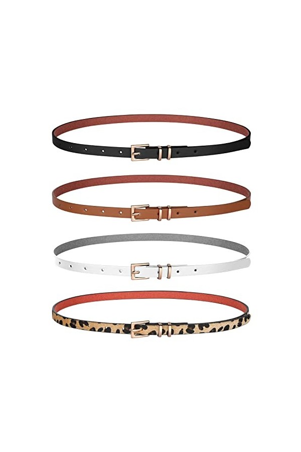WERFORU Lot de 4 ceintures fines en cuir pour femme avec boucle dorée pour jeans, pantalons, robe, A-noir+blanc+marron+café, 