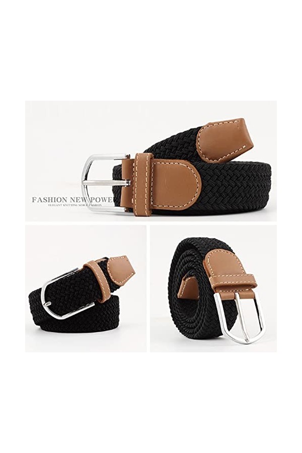 JK Home 105cm Ceinture Elastique Tressée pour Femme Boucle Ceintures Homme Extensible 3.3cm de Large Noir