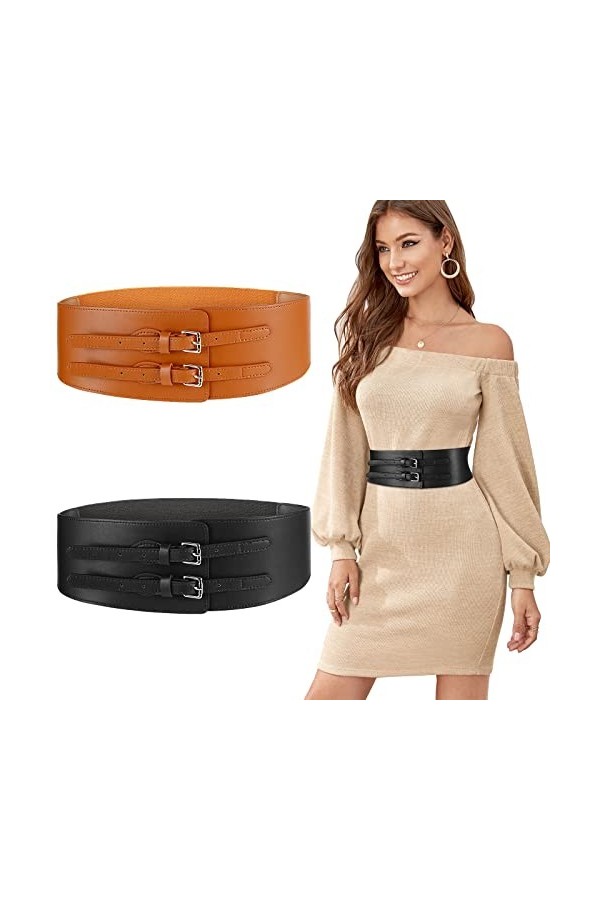 Weinsamkeit 2 Pièces Ceinture Élastique pour Femme, Ceinture Large de 6 cm pour Robe, Double Boucle Ceinture Réglable pour Da