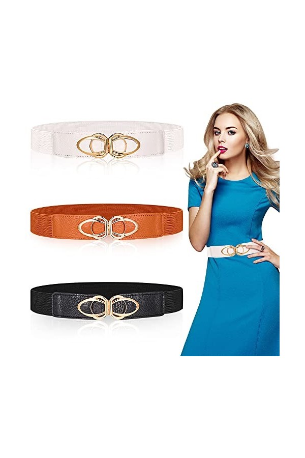 skytowards 3 PCS Ceinture Elastique pour Femmes, Large Ceinture Vintage avec Boucle Métallisée Ceinture Large de 6 cm Rétro p
