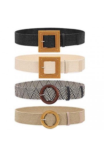 JasGood Lot de 4 ceintures élastiques tressées en paille pour robe de femme, mode bohème, ceinture fine tressée, 1-noir/sable