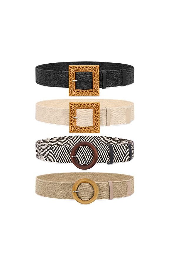 JasGood Lot de 4 ceintures élastiques tressées en paille pour robe de femme, mode bohème, ceinture fine tressée, 1-noir/sable