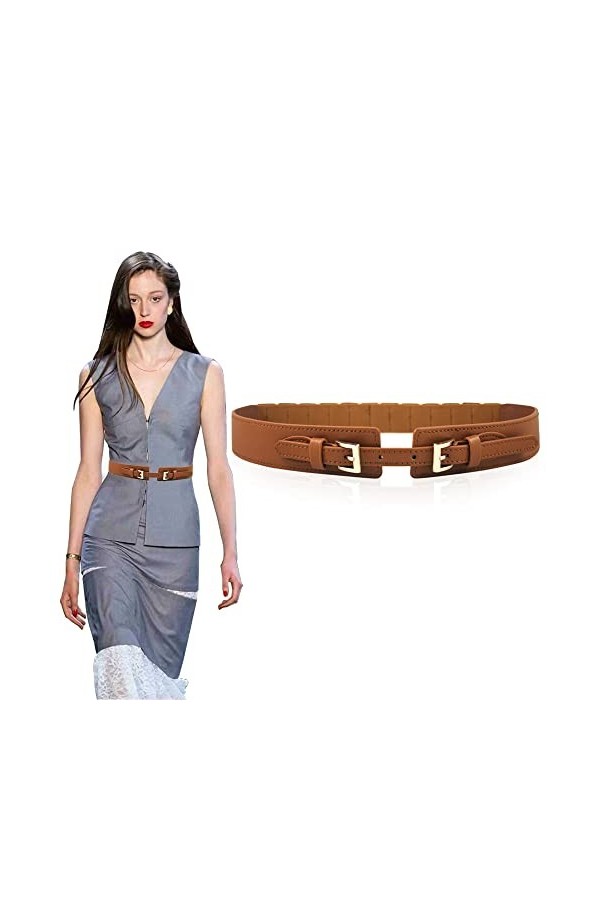 TOEECY Ceinture Femme Large en Cuir Élastique Rétro Ceintures de Taille pour Robes Manteaux Marron 