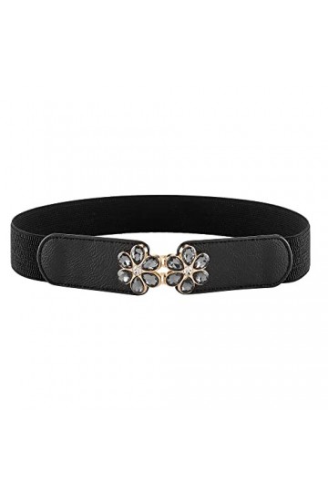 CHIC DIARY Ceinture élastique fine pour femme avec boucle en strass et fleur, Noir , L