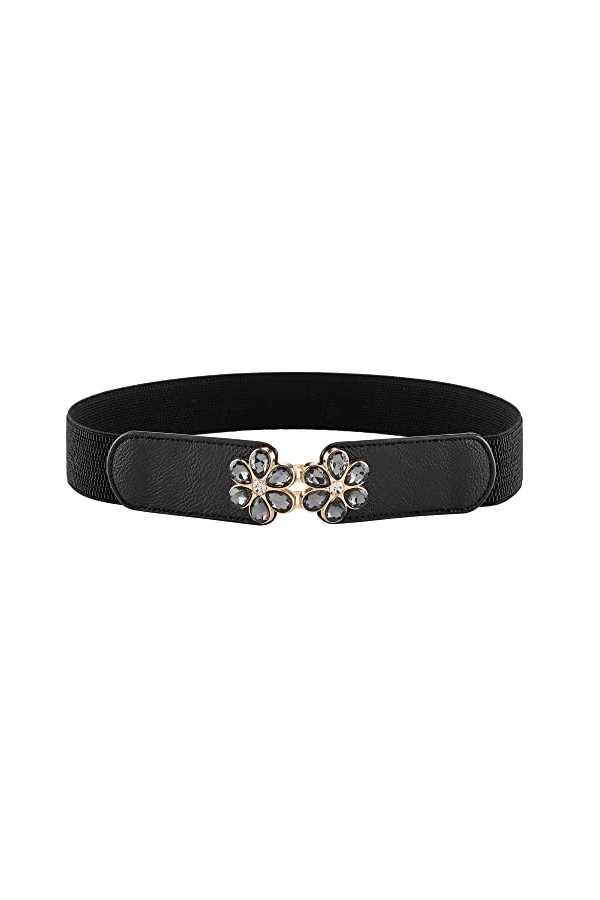 CHIC DIARY Ceinture élastique fine pour femme avec boucle en strass et fleur, Noir , L