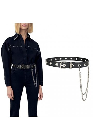 GSG GC2W21002 Ceinture à œillets pour femme en cuir synthétique avec chaîne métallique détachable style punk rock, Noir , tai