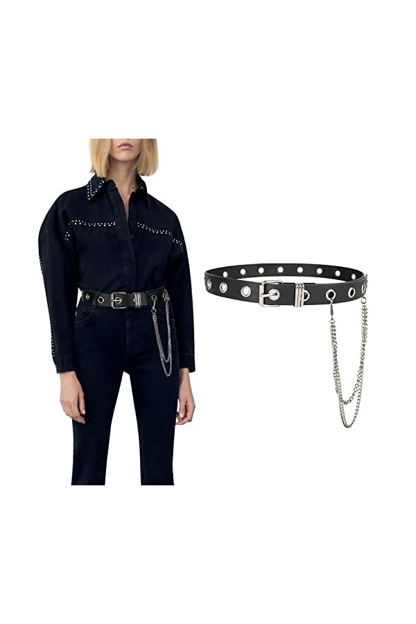 GSG GC2W21002 Ceinture à œillets pour femme en cuir synthétique avec chaîne métallique détachable style punk rock, Noir , tai
