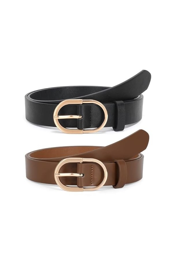 WERFORU Lot de 2 ceintures en cuir pour femme avec boucle dorée, Noir + café., 120 cm