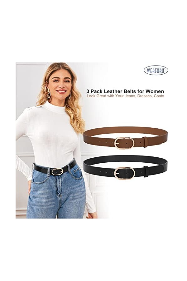 WERFORU Lot de 2 ceintures en cuir pour femme avec boucle dorée, Noir + café., 120 cm