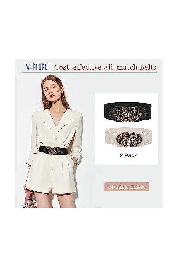 WERFORU Large ceinture élastique pour femme, vintage, extensible, large - Rétro - Mode Cinch pour robes, C-noir+beige, Passt 