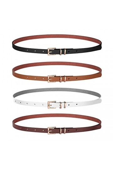 WERFORU Lot de 4 ceintures fines en cuir pour femme avec boucle dorée pour jeans, pantalons, robe, A-noir+blanc+marron+café, 