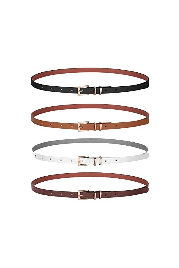 WERFORU Lot de 4 ceintures fines en cuir pour femme avec boucle dorée pour jeans, pantalons, robe, A-noir+blanc+marron+café, 