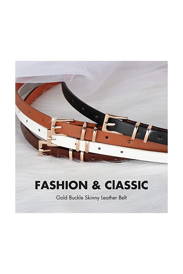 WERFORU Lot de 4 ceintures fines en cuir pour femme avec boucle dorée pour jeans, pantalons, robe, A-noir+blanc+marron+café, 
