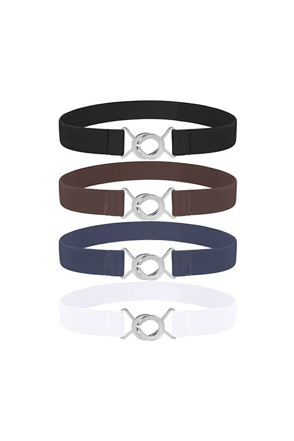 LEACOOLKEY Femmes Hommes Skinny Taille Élastique Ceinture Stretch Fine Ceinture pour Robe Jeans, C-noir+café+bleu+blanc, 70cm