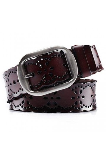TSWRK Ceinture en cuir de vache véritable festonné avec boucle en métal pour femme - Marron - taille 29/34"