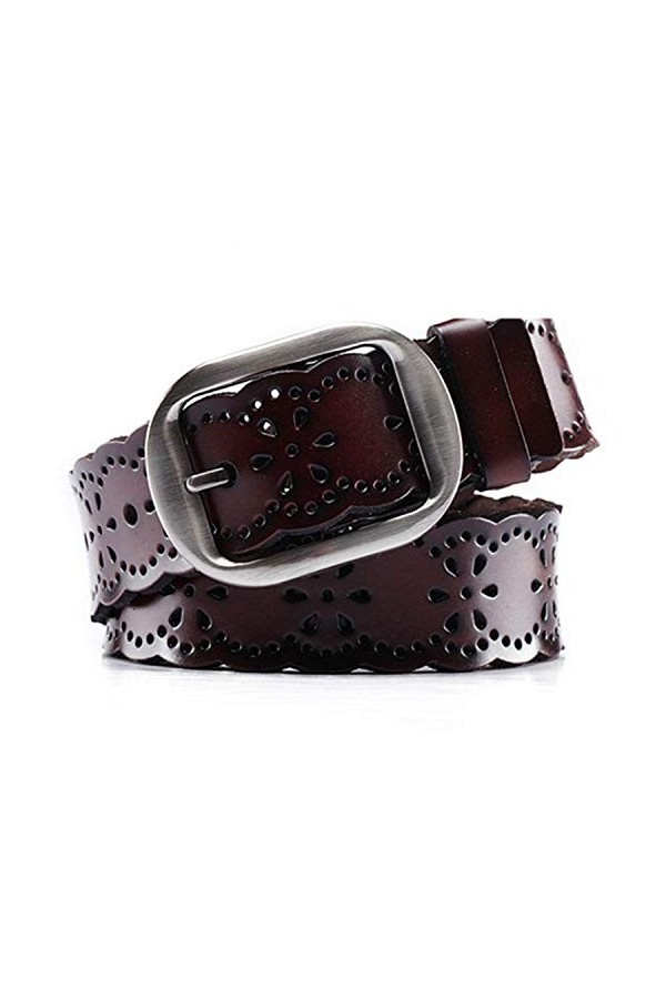 TSWRK Ceinture en cuir de vache véritable festonné avec boucle en métal pour femme - Marron - taille 29/34"