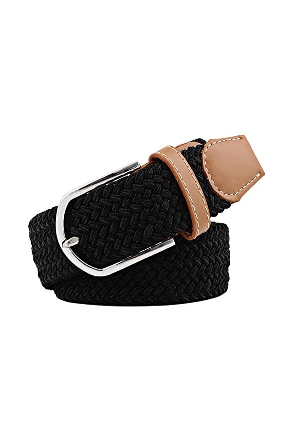 JK Home 105cm Ceinture Elastique Tressée pour Femme Boucle Ceintures Homme Extensible 3.3cm de Large Noir