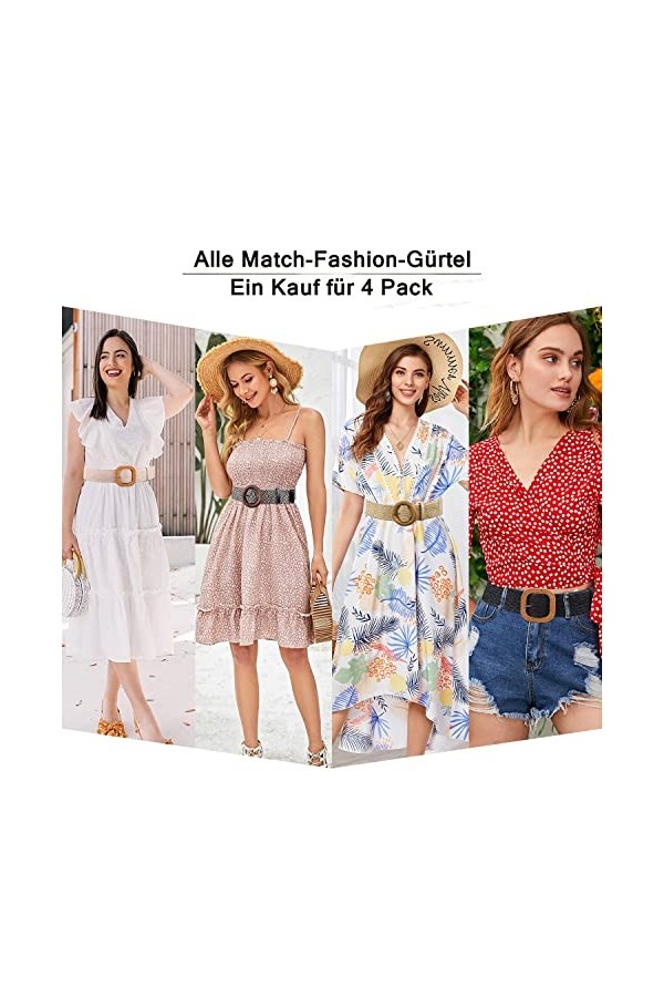 JasGood Lot de 4 ceintures élastiques tressées en paille pour robe de femme, mode bohème, ceinture fine tressée, 2-noir/sable