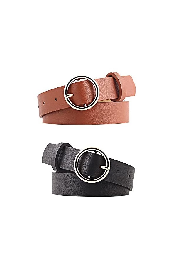2 Pièces Ceinture Femme, Ceinture de Robe pour Femme avec Boucle Ronde, Ceintures En Cuir à La Mode, PU Cuir Ceinture, Ceintu