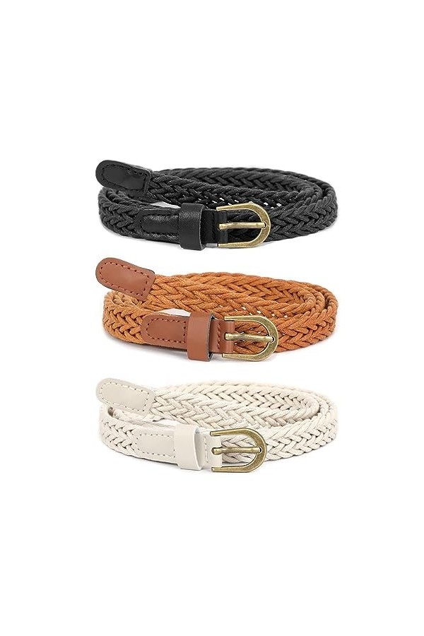 JasGood Ceinture fine pour femme - Tendance - Rétro - Tressée - Pour robe en jean, Noir/blanc/chameau, Gesamtlänge:107cm