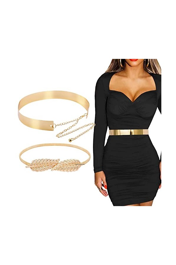 BETESSIN 2pcs Ceinture Femme Robe en Métal Or Réglable avec Chaîne Paillettes et Ceinture Feuilles dOr Accessoires Décoratif