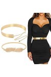 BETESSIN 2pcs Ceinture Femme Robe en Métal Or Réglable avec Chaîne Paillettes et Ceinture Feuilles dOr Accessoires Décoratif